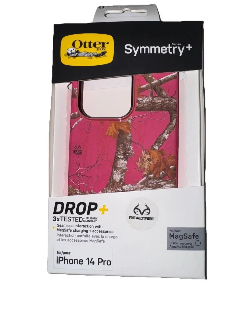 Q5. OtterBox Symmetry+ Case W/MagSafe for iPhone 14 Pro Realtree Flamingo Pink